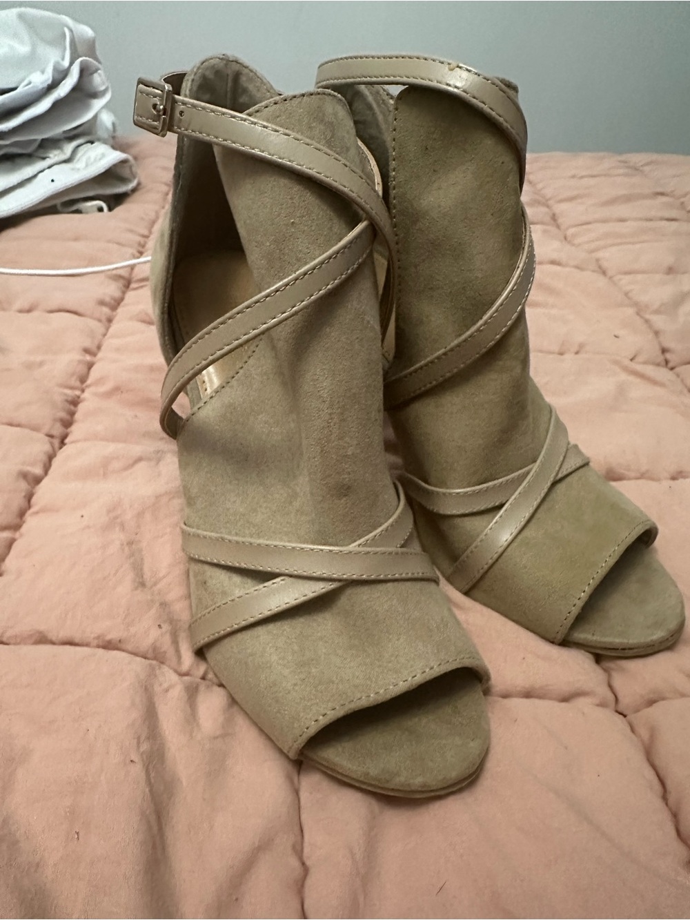 Christian Siriano Taupe Suede Peep-Toe Strappy Heels